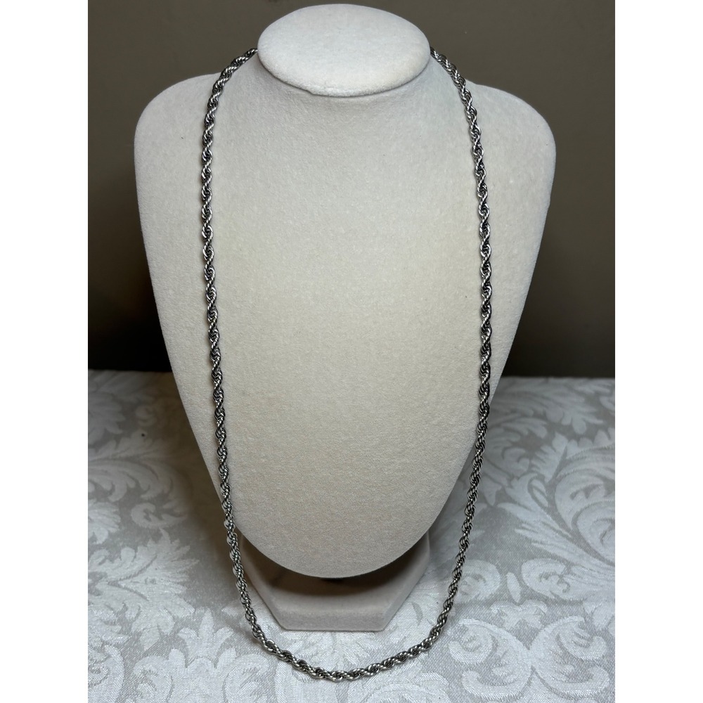 Silver Tone Rope Chain Necklace 24 Inch Twisted Link Lobster Clasp Mens Womens